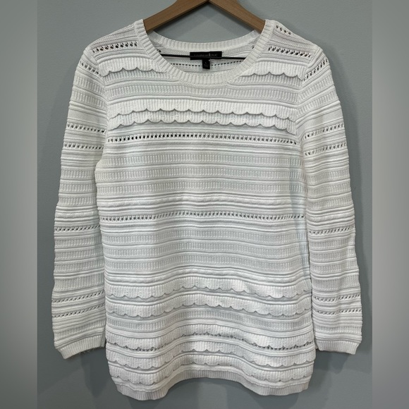 BANANA REPUBLIC White Knit Long Sleeve Scallop Pattern Sweater Cotton Blend Sz L - Picture 1 of 9